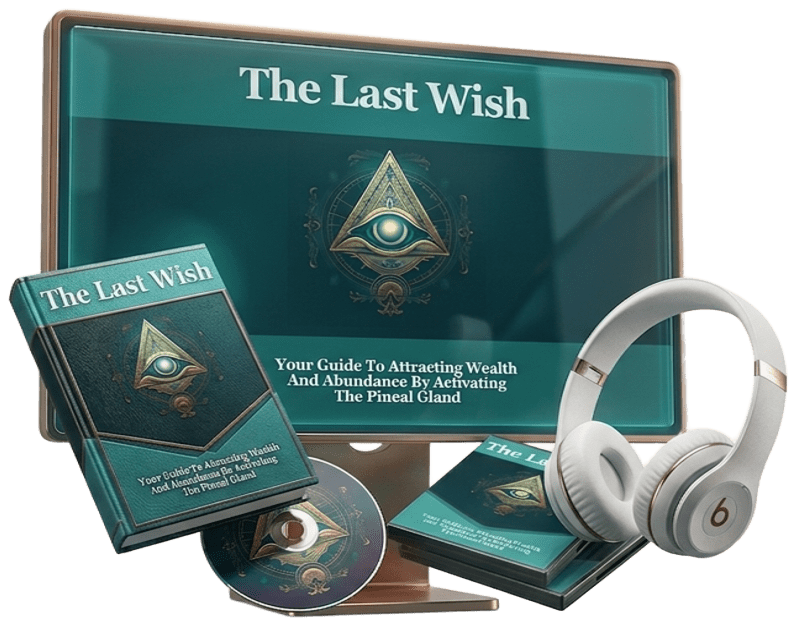 The Last Wish Recordings digital audio program shown on a monitor, hardcover book, disc and case with headphones, featuring the eye and pyramid artwork
